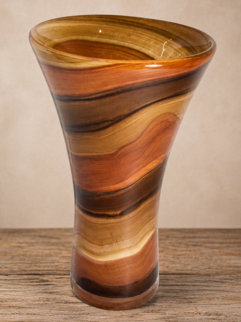 Fall Decor Swirl Art Glass Vase Amber Brown Cream Trumpet Vase 8.5”